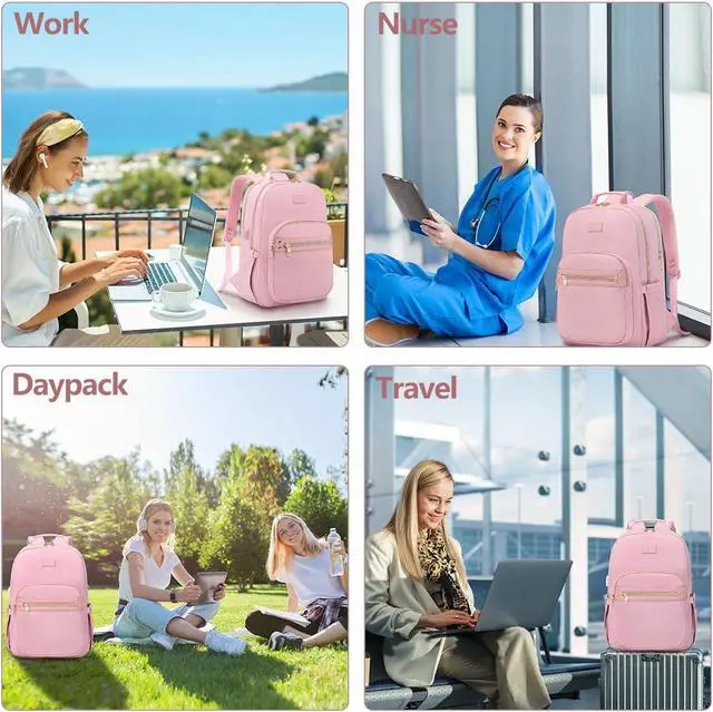 Alt view image 7 of 7 - Laptop Backpack for Women Bookbag Cute Pink School Backpack for Teen Girls Nurse Bags Work Backpack Teacher Back Pack Waterproof 15.6 inch with USB Charging Port