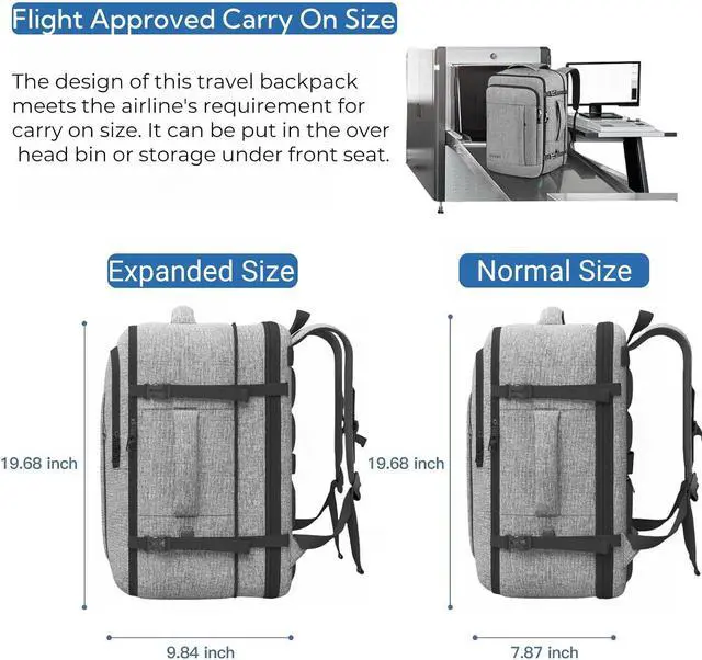 Alt view image 4 of 7 - Carry On Backpack, Extra Large 40-50L Travel Backpack for Men & Women, Expandable Backpack For Airplanes, 17 Inch Laptop Backpack, Luggage Suitcase 40L Daypack Lightweight Business Weekender Bag, Grey
