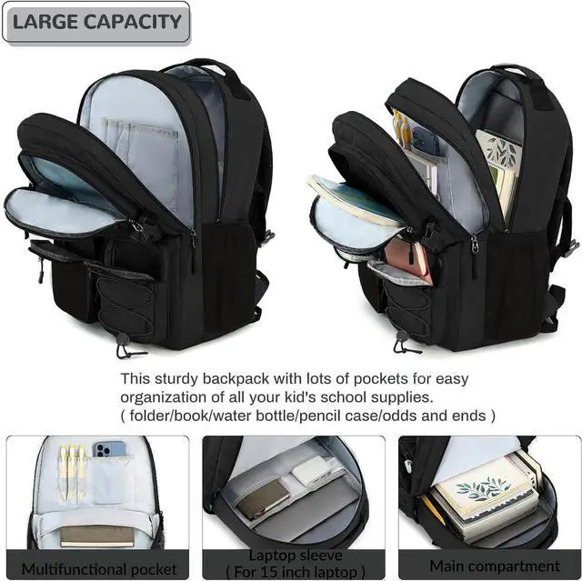 Alt view image 4 of 7 - Lohol Water Resistant Daypack with Mulitiple Pockets for School Travel Outdoor College, 15.6 inch Laptop Backpack for Men and Women (Black)
