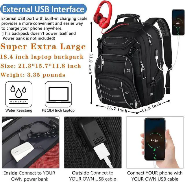 Alt view image 3 of 7 - VECKUSON 18.4 Laptop Backpack for unisex, 60L Extra Large Gaming Laptops Back Bag with USB Charger Port,TSA Friendly Flight Approved and RFID Anti-Theft Pocket Heavy-duty Pack,21.3*15.7*11.8inch Grey