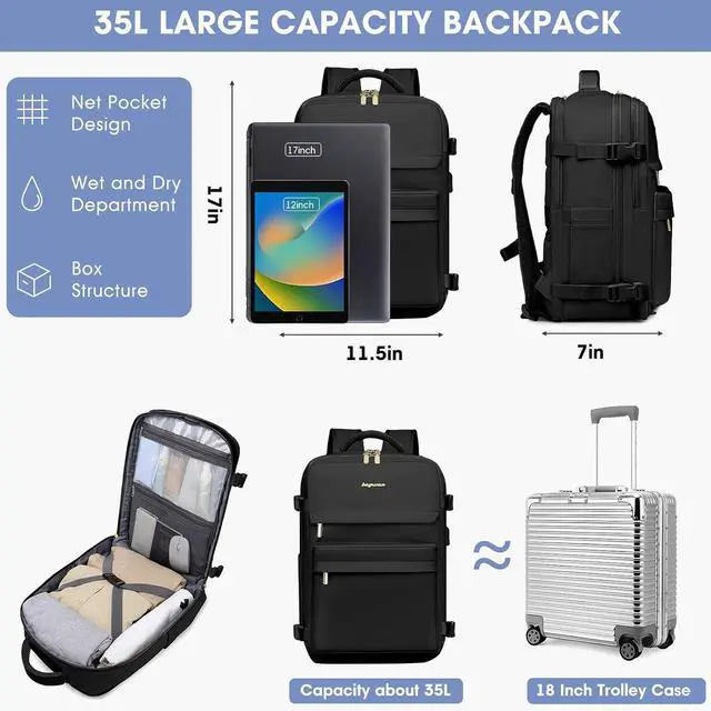Alt view image 3 of 7 - Travel Backpack for Women, TSA Carry On Backpack Flight Approved Luggage, 35L Water Resistant Personal Item Daypack Large Weekender Bag fit 17 inch Laptop with Shoe Bag, Black