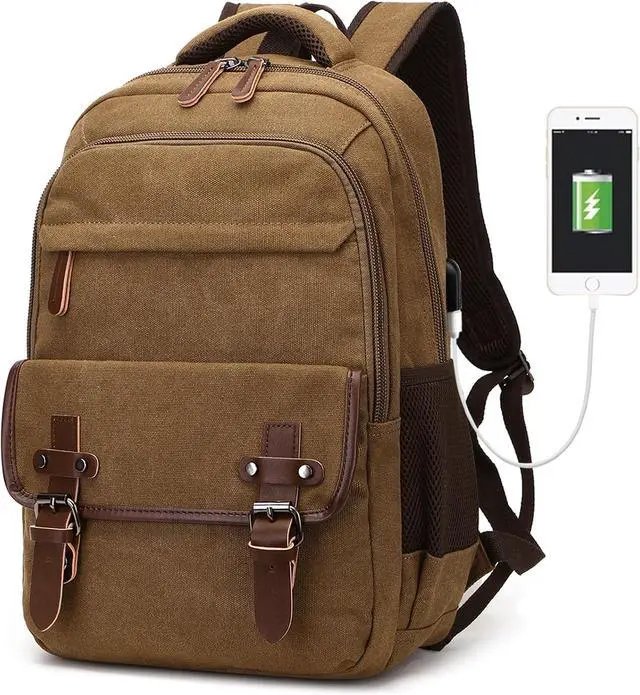 Main image of Canvas Backpack with USB Charging Port, Vintage Daypack for Men Women, Brown Travel Work Rucksack College Computer Bag Bookbag Fits 15.6 Inch Laptop, Brown