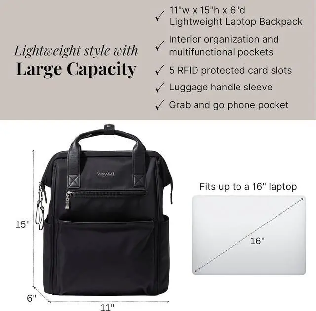 Alt view image 4 of 7 - Baggallini Soho Backpack - Travel Laptop Backpack for Women - Lightweight Water-Resistant Luggage Bag, Black