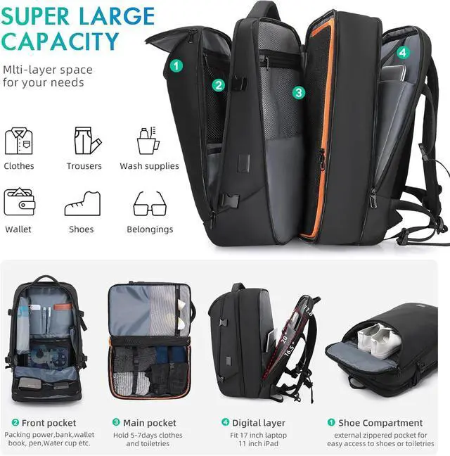 Alt view image 3 of 7 - Travel Carry on Backpack 50L Expandable Flight Approved Backpacks 17.3 inch Laptop and USB Charging Port bags Water Resistant Business Back Pack for Women & Men