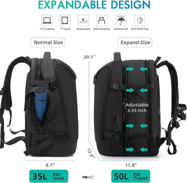 Alt view image 5 of 7 - Travel Carry on Backpack 50L Expandable Flight Approved Backpacks 17.3 inch Laptop and USB Charging Port bags Water Resistant Business Back Pack for Women & Men