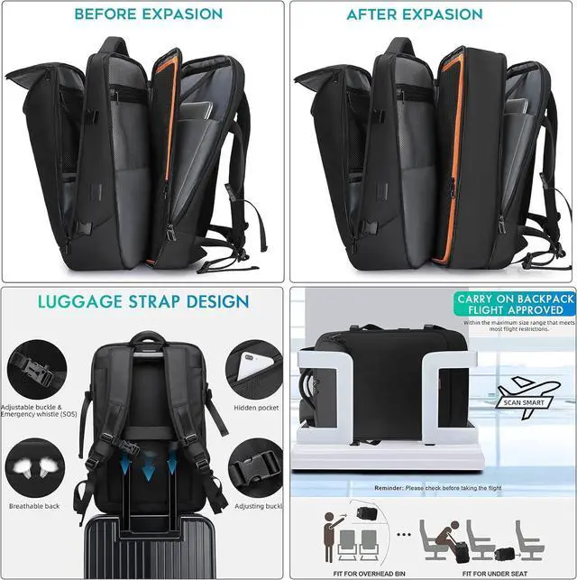 Alt view image 6 of 7 - Travel Carry on Backpack 50L Expandable Flight Approved Backpacks 17.3 inch Laptop and USB Charging Port bags Water Resistant Business Back Pack for Women & Men