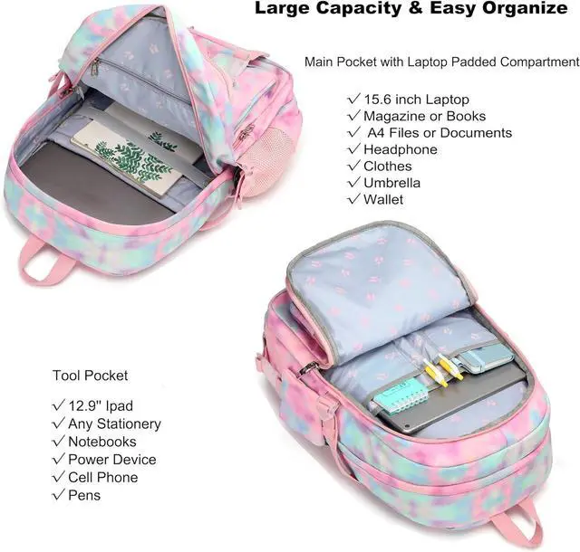 Alt view image 3 of 6 - Laptop Backpacks 16 Inch School Bag College Backpack Anti Theft Travel Casual Daypack Bags Cute Bookbags Large Colorfull Carry on Back Pack for Teens Girls Women Students (Tie-Dye Pink)