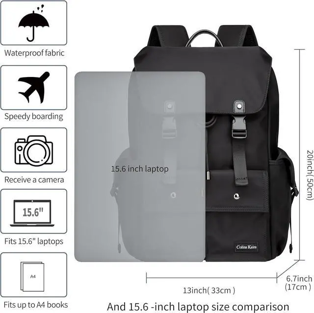 Alt view image 2 of 7 - Black backpack men, 16 inch laptop backpack for men, Drawstring anti-theft waterproof tech backpack with laptop compartment, Large 30 L
