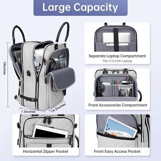 Alt view image 2 of 7 - Vancropak Travel Backpack for Women, Anti Theft Laptop Carry on Backpacks Fits 17 inch Computer with Lock & USB Charging Port, TSA Flight Approved Large 50L Duffel Bag with 3 Packing Cubes, Grey