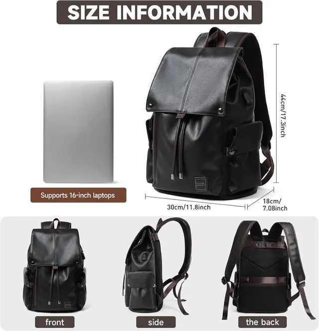 Alt view image 2 of 7 - Laptop Travel Backpack For Men Vintage PU Leather Water-Resistant College School Casual 15.6" Laptop Work Backpack Gift For Male Female Black