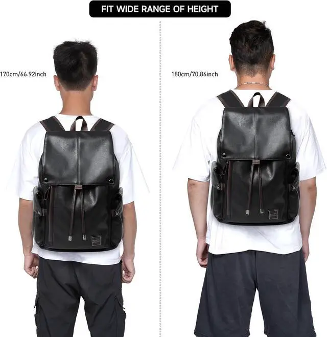 Alt view image 6 of 7 - Laptop Travel Backpack For Men Vintage PU Leather Water-Resistant College School Casual 15.6" Laptop Work Backpack Gift For Male Female Black