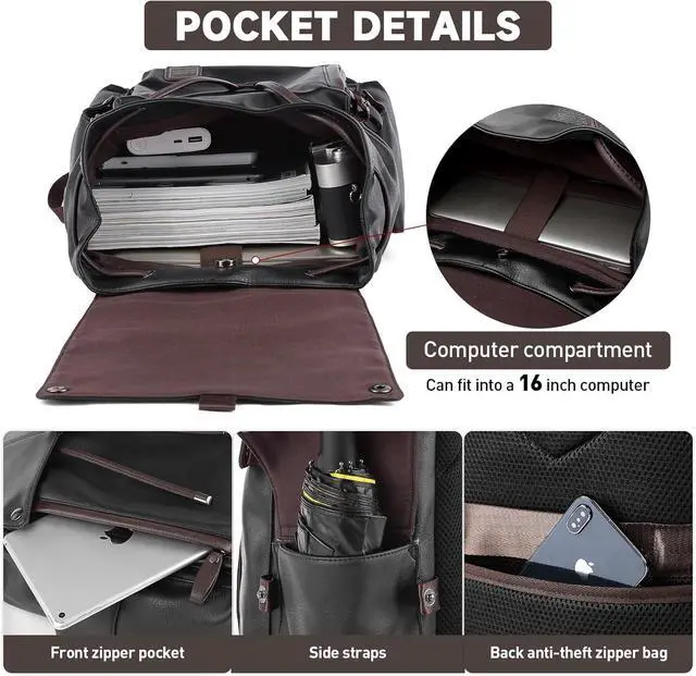 Alt view image 5 of 7 - Laptop Travel Backpack For Men Vintage PU Leather Water-Resistant College School Casual 15.6" Laptop Work Backpack Gift For Male Female Black