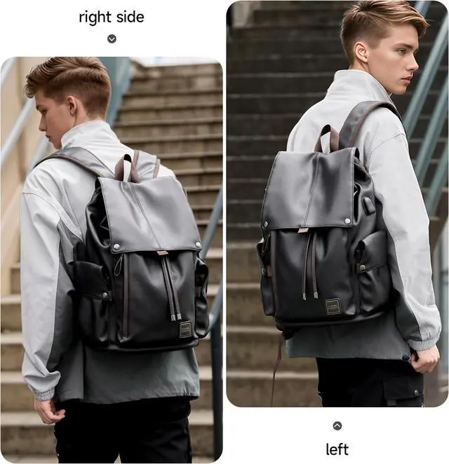 Alt view image 7 of 7 - Laptop Travel Backpack For Men Vintage PU Leather Water-Resistant College School Casual 15.6" Laptop Work Backpack Gift For Male Female Black