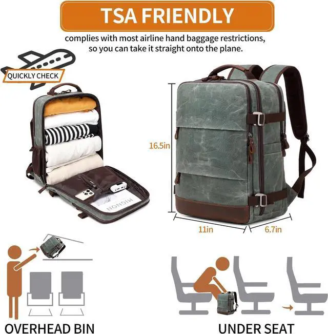 Alt view image 4 of 6 - Travel Backpack for Men Carry On Backpack Flight Approved Personal Item Backpack, 17 inch Laptop Backpack Casual Daypack Weekender Business Hiking Backpack, Dark Green