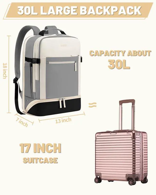 Alt view image 6 of 6 - ZOMFELT Carry on Backpack for Women, Flight Approved Travel Backpack with Shoes Compartment, Personal Item Bag with 17.3inch Laptop Pocket, Large Casual Daypack for Overnight, Travel, Hiking
