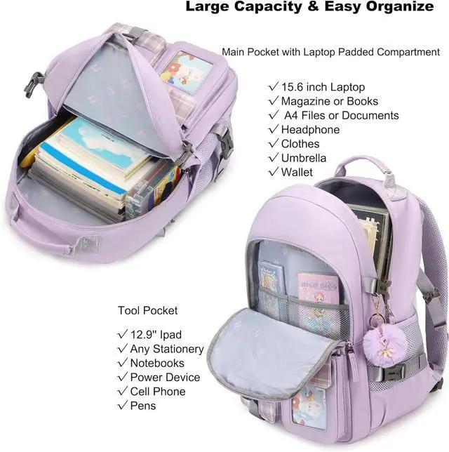Alt view image 4 of 7 - Backpack for Girls, 15.6 Inch Laptop School Bag Kids Kindergarten Elementary College Backpacks Large Bookbags for Teen Girl Women Students Casual Travel Daypacks (Purple)