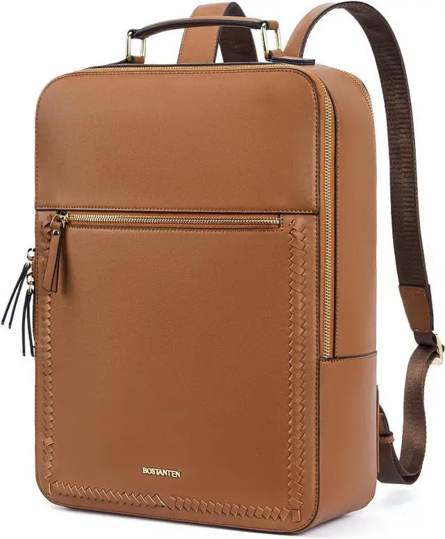 Main image of BOSTANTEN Leather Backpack 15.6 inch Laptop Bag Travel Casual Computer Backpack College Business Work Shoulder Bags with Trolley Sleeve for Women Men Brown
