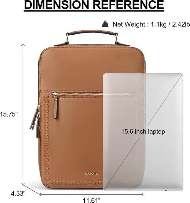 Alt view image 3 of 6 - BOSTANTEN Leather Backpack 15.6 inch Laptop Bag Travel Casual Computer Backpack College Business Work Shoulder Bags with Trolley Sleeve for Women Men Brown