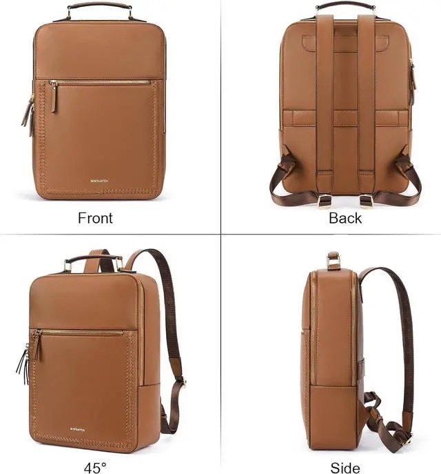 Alt view image 4 of 6 - BOSTANTEN Leather Backpack 15.6 inch Laptop Bag Travel Casual Computer Backpack College Business Work Shoulder Bags with Trolley Sleeve for Women Men Brown