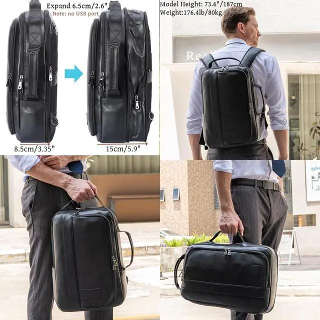 Alt view image 2 of 7 - Masa Kawa Slim Leather 15.6" Laptop Backpack for Men Convertible Briefcase Backpacks Expandable Black Business Work Bag Slim Travel Daypack