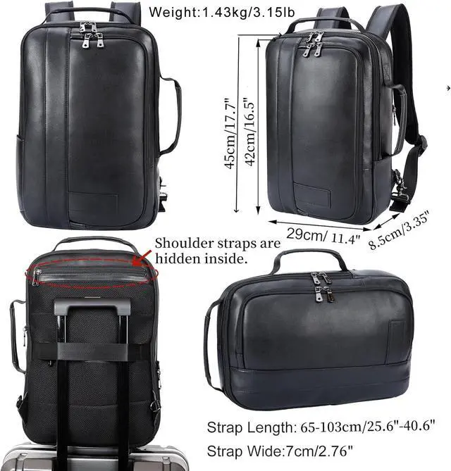 Alt view image 6 of 7 - Masa Kawa Slim Leather 15.6" Laptop Backpack for Men Convertible Briefcase Backpacks Expandable Black Business Work Bag Slim Travel Daypack