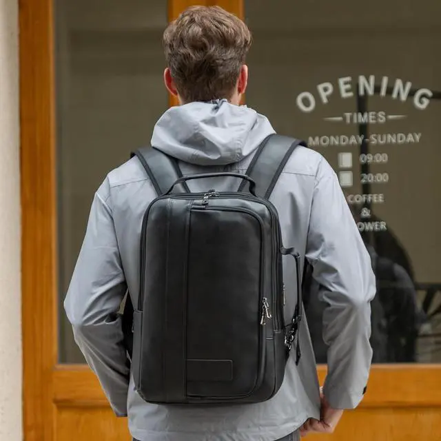 Alt view image 7 of 7 - Masa Kawa Slim Leather 15.6" Laptop Backpack for Men Convertible Briefcase Backpacks Expandable Black Business Work Bag Slim Travel Daypack