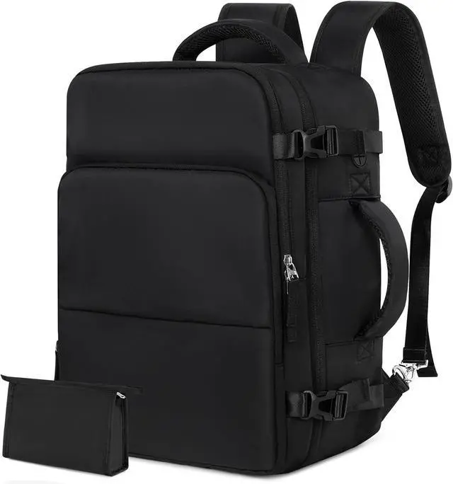Main image of Men Women Unisex Black Rectangular Modern Sports Travel Backpack Daypack 15.6 Inch Laptop Backpack Carry On Airplane Weekender Bag 35L 5 Compartments Water Resistant Polyester Solid Black