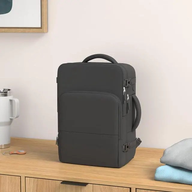 Alt view image 2 of 7 - Men Women Unisex Black Rectangular Modern Sports Travel Backpack Daypack 15.6 Inch Laptop Backpack Carry On Airplane Weekender Bag 35L 5 Compartments Water Resistant Polyester Solid Black