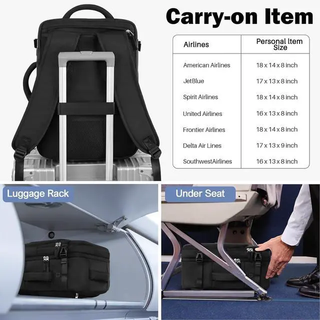 Alt view image 3 of 7 - Men Women Unisex Black Rectangular Modern Sports Travel Backpack Daypack 15.6 Inch Laptop Backpack Carry On Airplane Weekender Bag 35L 5 Compartments Water Resistant Polyester Solid Black