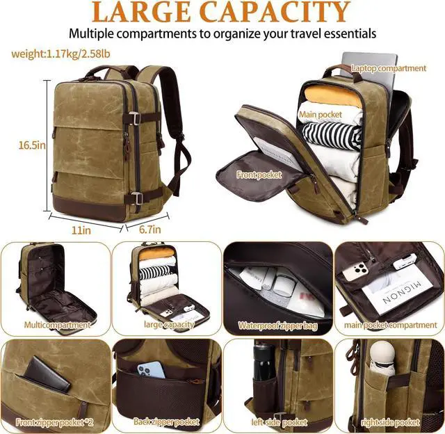 Alt view image 3 of 6 - Travel Backpack for Men Carry On Backpack Flight Approved Personal Item Backpack, 17 inch Laptop Backpack Casual Daypack Weekender Business Hiking Backpack, Brown