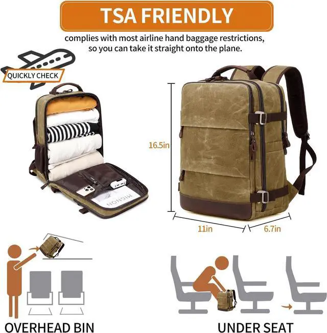Alt view image 4 of 6 - Travel Backpack for Men Carry On Backpack Flight Approved Personal Item Backpack, 17 inch Laptop Backpack Casual Daypack Weekender Business Hiking Backpack, Brown