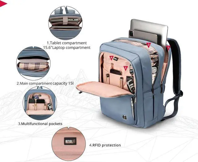 Alt view image 5 of 7 - Swissdigital Design Laptop Backpack For Women, College Bookbags With USB Charging Port, Large Capacity Computer Backpacks For Work Business Blue (KATY ROSE SD1006F-13) One Nation One World