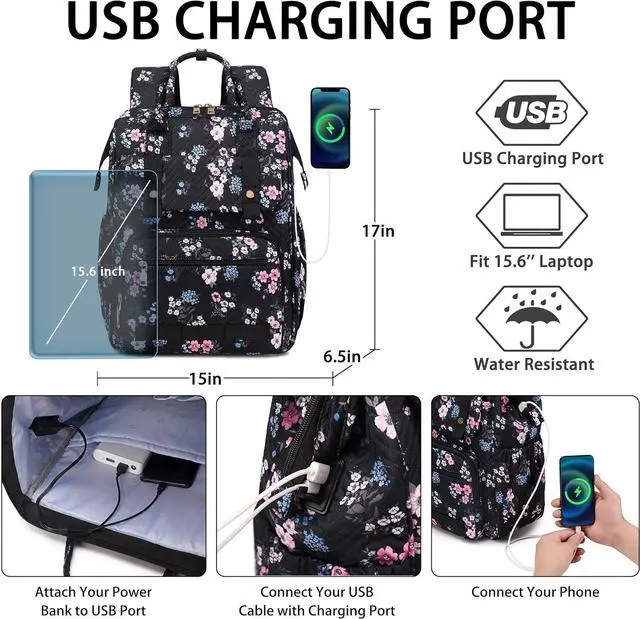 Alt view image 4 of 6 - Hidds Laptop Backpack Purse for Women, Work Business College School Commuter Computer Bag Large Girls Nurse Teacher Bookbags Anti Theft Ladies Travel Daypack with Charging Port for 15.6 Inch Laptops
