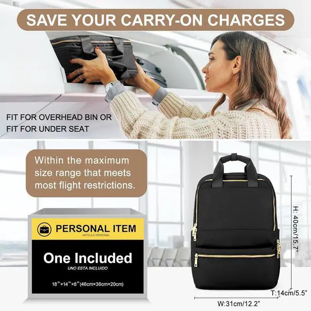 Alt view image 2 of 6 - Black Travel Backpack - Carry On Flight Approved Small Travel Bag For Women - Laptop Teacher Work Backpack For Traveling On Airplane