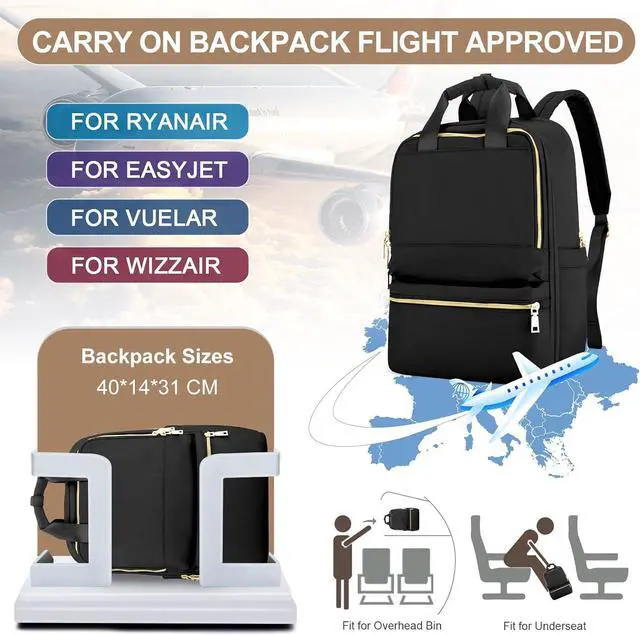 Alt view image 3 of 6 - Black Travel Backpack - Carry On Flight Approved Small Travel Bag For Women - Laptop Teacher Work Backpack For Traveling On Airplane