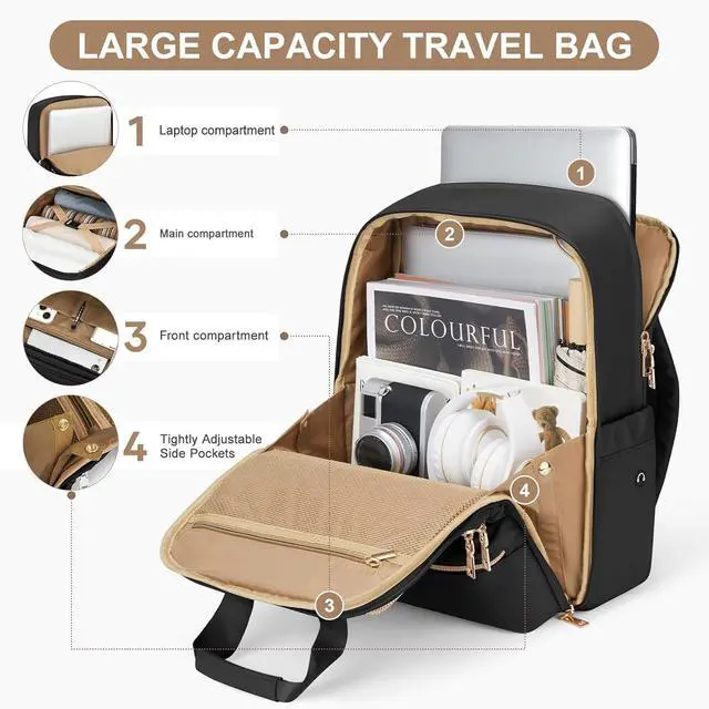 Alt view image 4 of 6 - Black Travel Backpack - Carry On Flight Approved Small Travel Bag For Women - Laptop Teacher Work Backpack For Traveling On Airplane