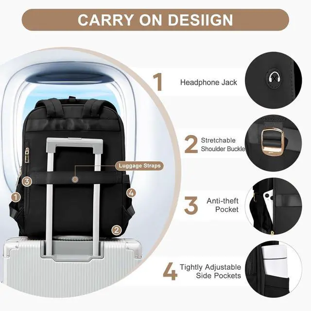 Alt view image 6 of 6 - Black Travel Backpack - Carry On Flight Approved Small Travel Bag For Women - Laptop Teacher Work Backpack For Traveling On Airplane