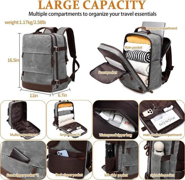 Alt view image 3 of 6 - Travel Backpack for Men Carry On Backpack Flight Approved Personal Item Backpack, 17 inch Laptop Backpack Casual Daypack Weekender Business Hiking Backpack, Gray