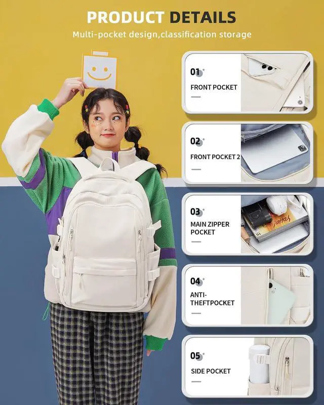 Alt view image 3 of 7 - Lightweight Backpack for Women, Large Laptop Travel Backpack Casual Daypack College Bag Rucksack for Men. Beige