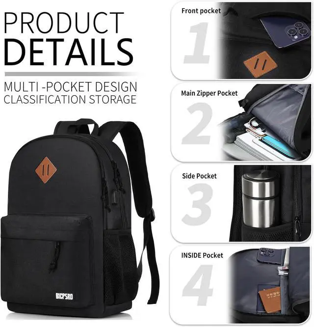 Alt view image 2 of 7 - Black Backpack for Women Men, Casual School Backpack for Girls Boys Teens, 17.3 Inch Laptop Bookbag with USB Charger for College High School back pack lightweight mochilas para hombres
