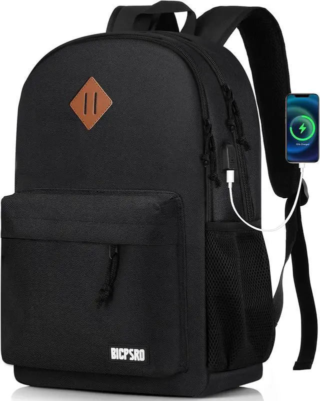Main image of Black Backpack for Women Men, Casual School Backpack for Girls Boys Teens, 17.3 Inch Laptop Bookbag with USB Charger for College High School back pack lightweight mochilas para hombres