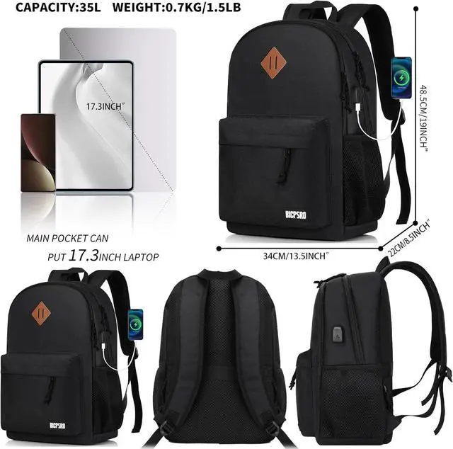 Alt view image 3 of 7 - Black Backpack for Women Men, Casual School Backpack for Girls Boys Teens, 17.3 Inch Laptop Bookbag with USB Charger for College High School back pack lightweight mochilas para hombres