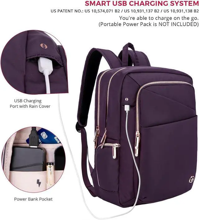 Alt view image 4 of 7 - Swissdigital Design Laptop Backpack For Women, College Bookbags With USB Charging Port, Large Capacity Computer Backpacks For Work Business Purple (KATY ROSE SD1006F-46) One Nation One World