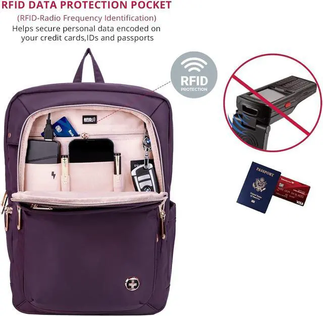 Alt view image 5 of 7 - Swissdigital Design Laptop Backpack For Women, College Bookbags With USB Charging Port, Large Capacity Computer Backpacks For Work Business Purple (KATY ROSE SD1006F-46) One Nation One World