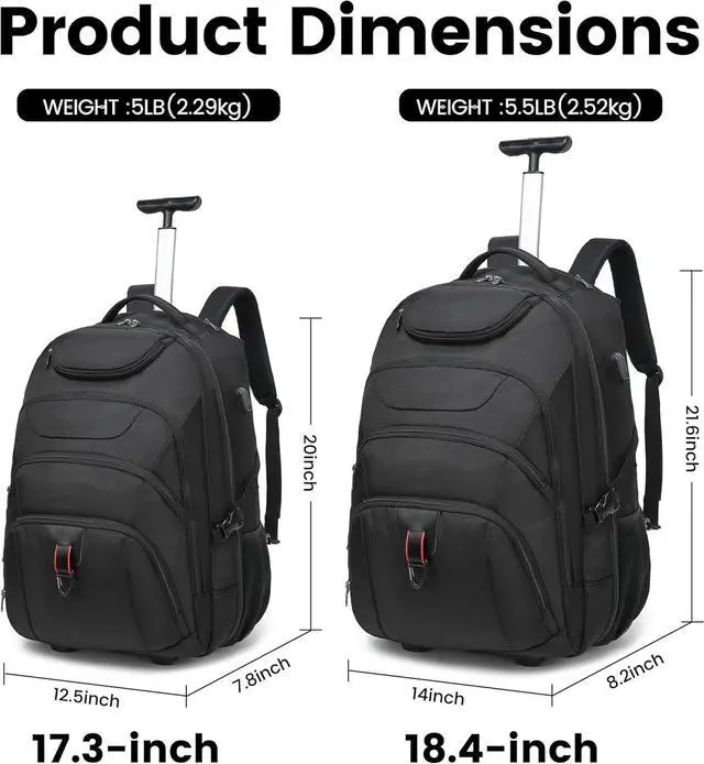Alt view image 6 of 6 - Boavan Rolling Backpack,17 inch Water Resistant Wheeled Backpack,Carry on Luggage Business Bag, Overnight College Computer Trolley Suitcase for Men Women Adults to TravelBlack