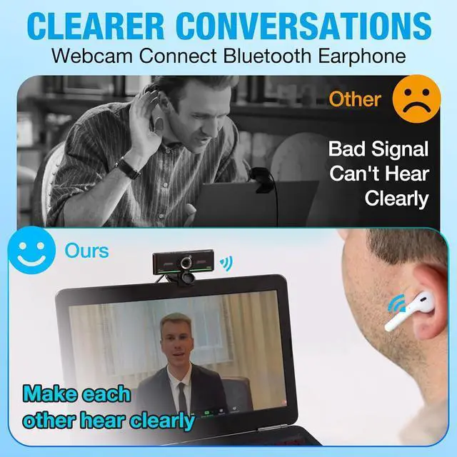 Alt view image 2 of 7 - 1080P Webcam with microphone for desktop, Computer webcam Connect Bluetooth Headset/Earphone/Speaker, Streaming Webcam for Live Skype Teams,PC Webcam Camera for Streaming,Bluetooth only for audio