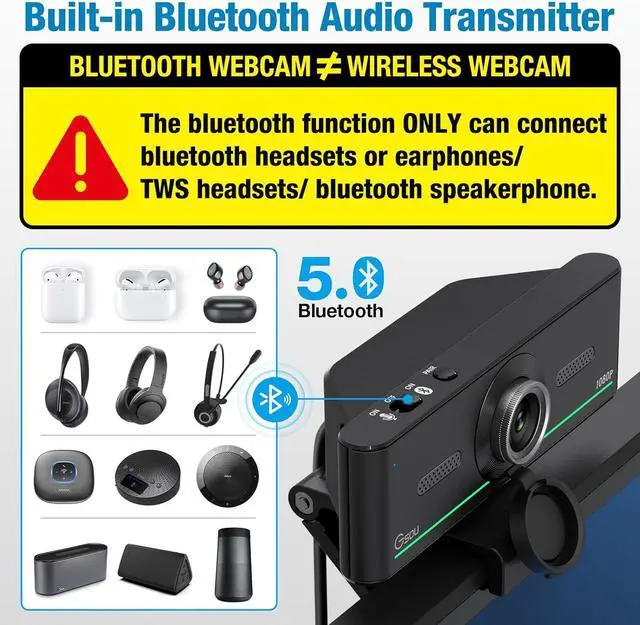 Alt view image 3 of 7 - 1080P Webcam with microphone for desktop, Computer webcam Connect Bluetooth Headset/Earphone/Speaker, Streaming Webcam for Live Skype Teams,PC Webcam Camera for Streaming,Bluetooth only for audio