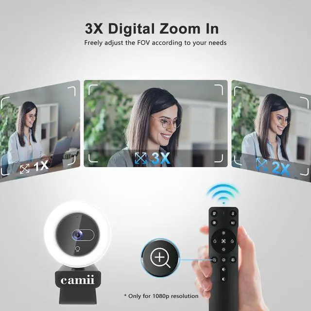 Alt view image 3 of 7 - 4K Webcam with Light, HD Webcam for PC with Remote Control, Built-in Privacy Cover, Adjustable Brightness, Noise Reduction Mics, for Zoom Skype Teams Laptop and Google Meet