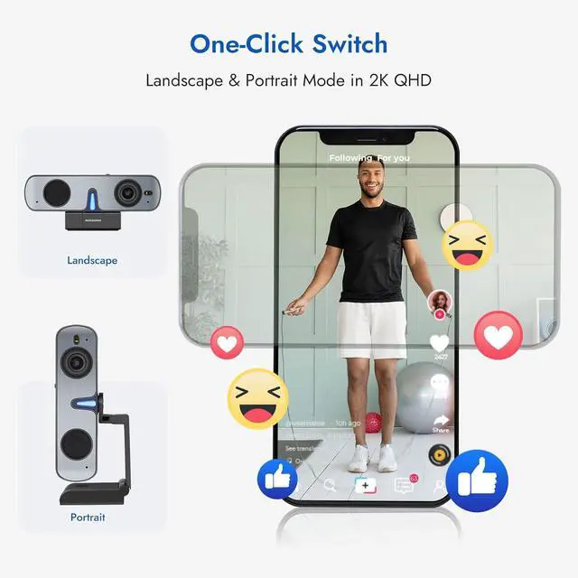 Alt view image 7 of 7 - ROCWARE RC28 Webcam with Cardioid & Omnidirectional Microphone | HiFi Mode for Studio-Quality Audio, AI Noise Cancellation & Raw Audio Modes | 1080P 60FPS Web Cam for Streaming/Meetings/Beginners
