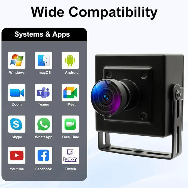Alt view image 7 of 7 - 2MP USB Camera, Low Light 1080P 30fps, 720P 30fps, Wide Angle Fisheye Lens, H.264, with Microphone, Metal Case, for Windows Android Linux MacOS, Security, Video Calls, Live Streaming